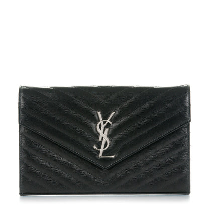 Saint Laurent Grain De Poudre Matelasse Chevron Monogram Chain Wallet Black 1 of 8