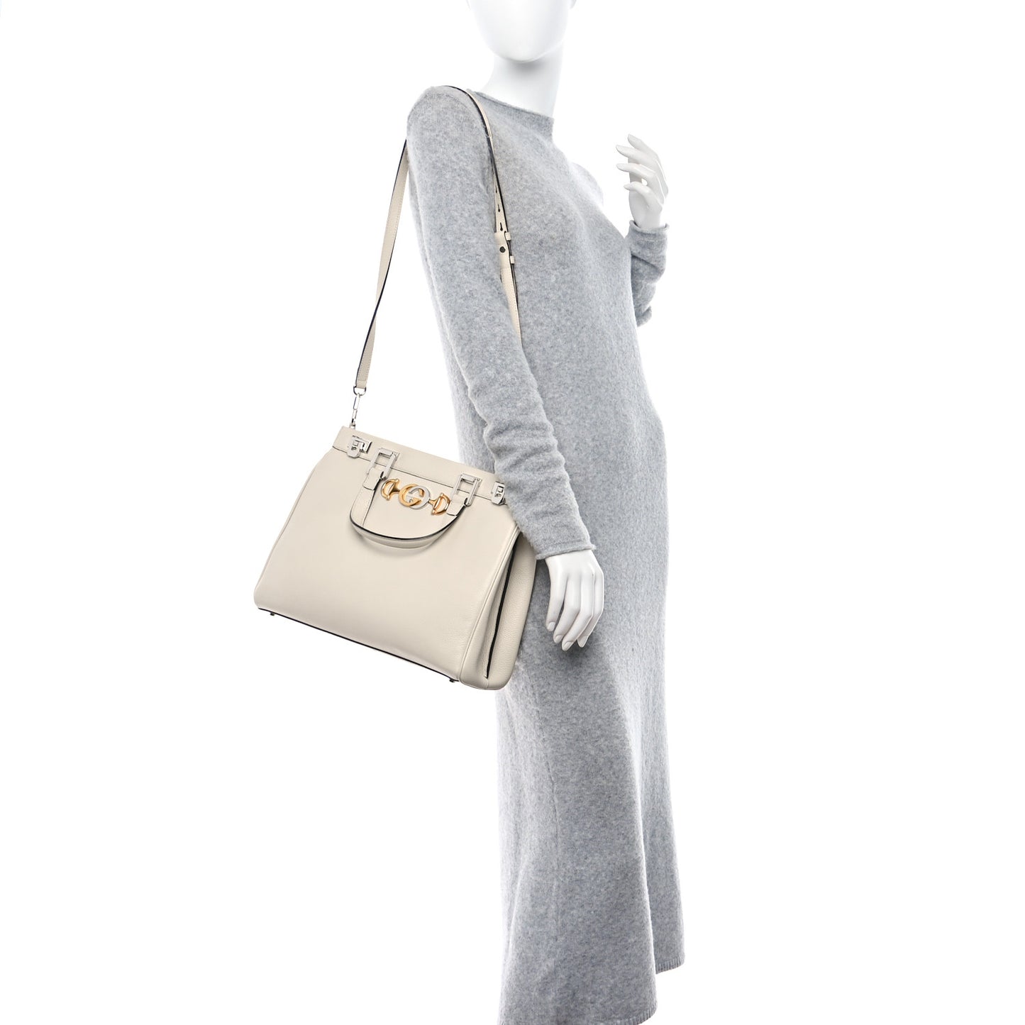 Grainy Calfskin Medium Zumi Top Handle Bag Mystic White