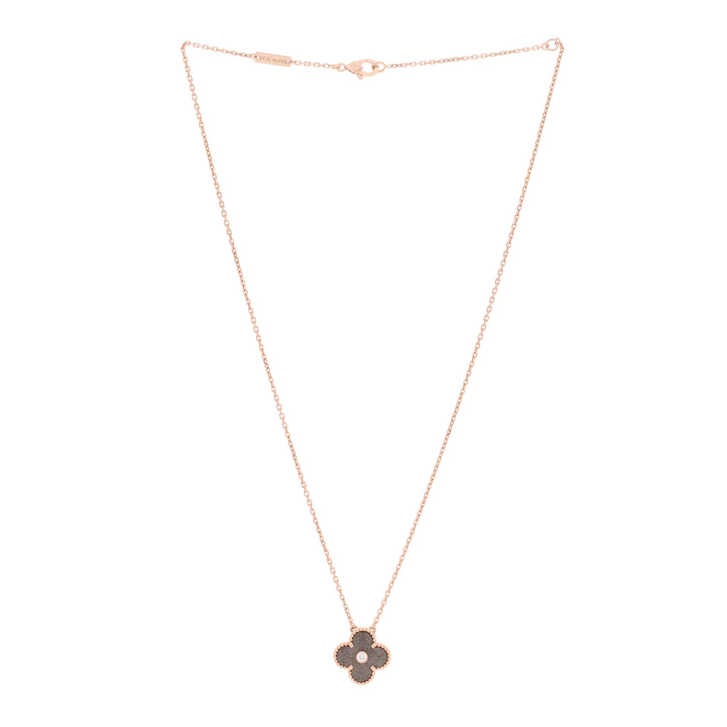 18K Rose Gold Diamond Silver Obsidian Vintage Alhambra Pendant Necklace