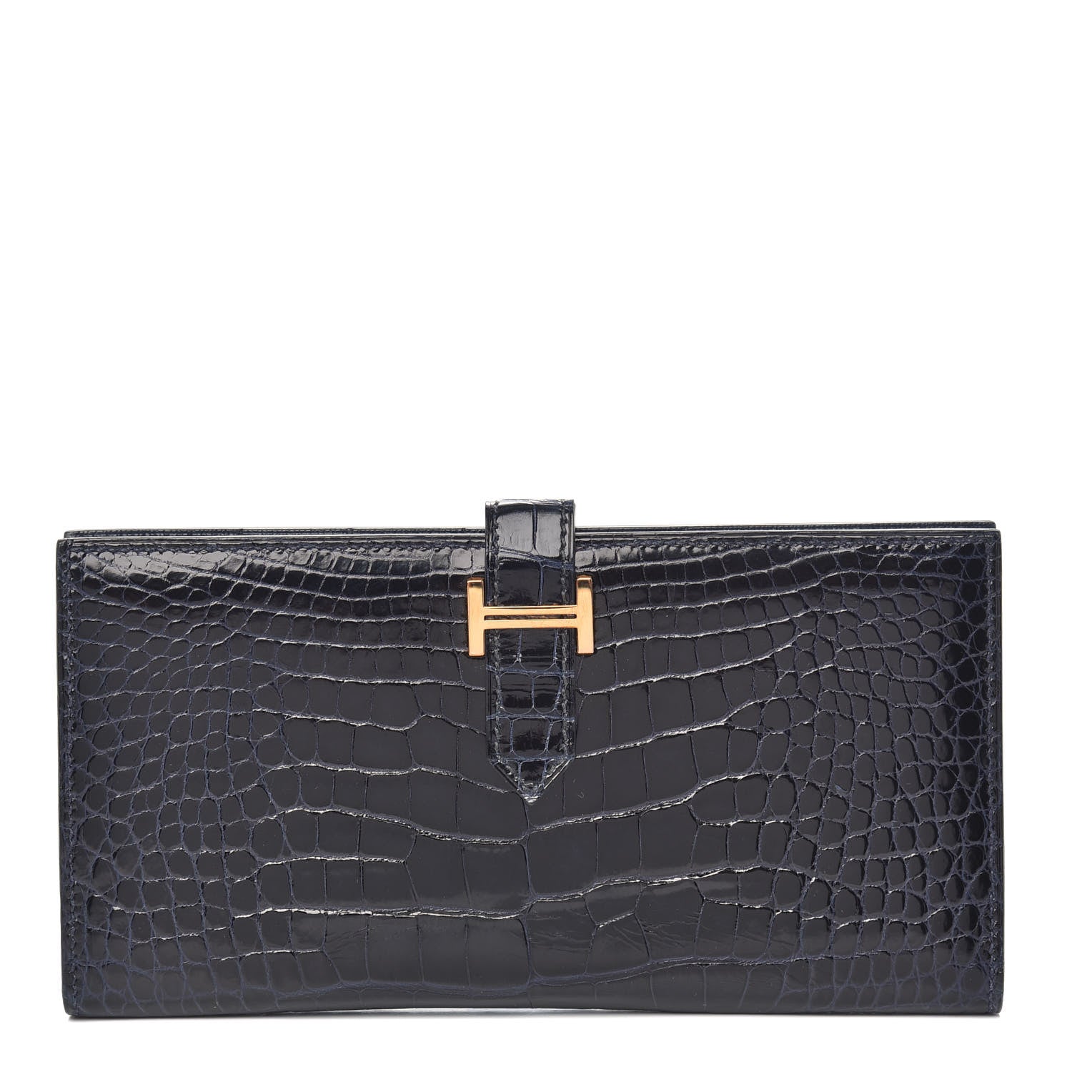 Hermes Shiny Alligator Bearn Wallet Bleu Marine 1 of 8