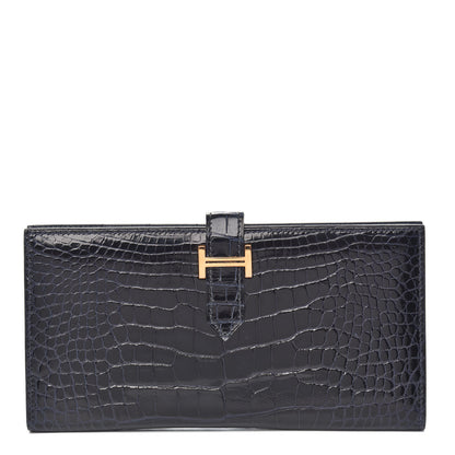 Hermes Shiny Alligator Bearn Wallet Bleu Marine 1 of 8