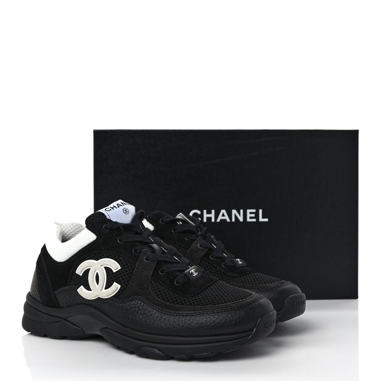 Mesh Suede Grained Calfskin Womens CC Sneakers 39 Black White