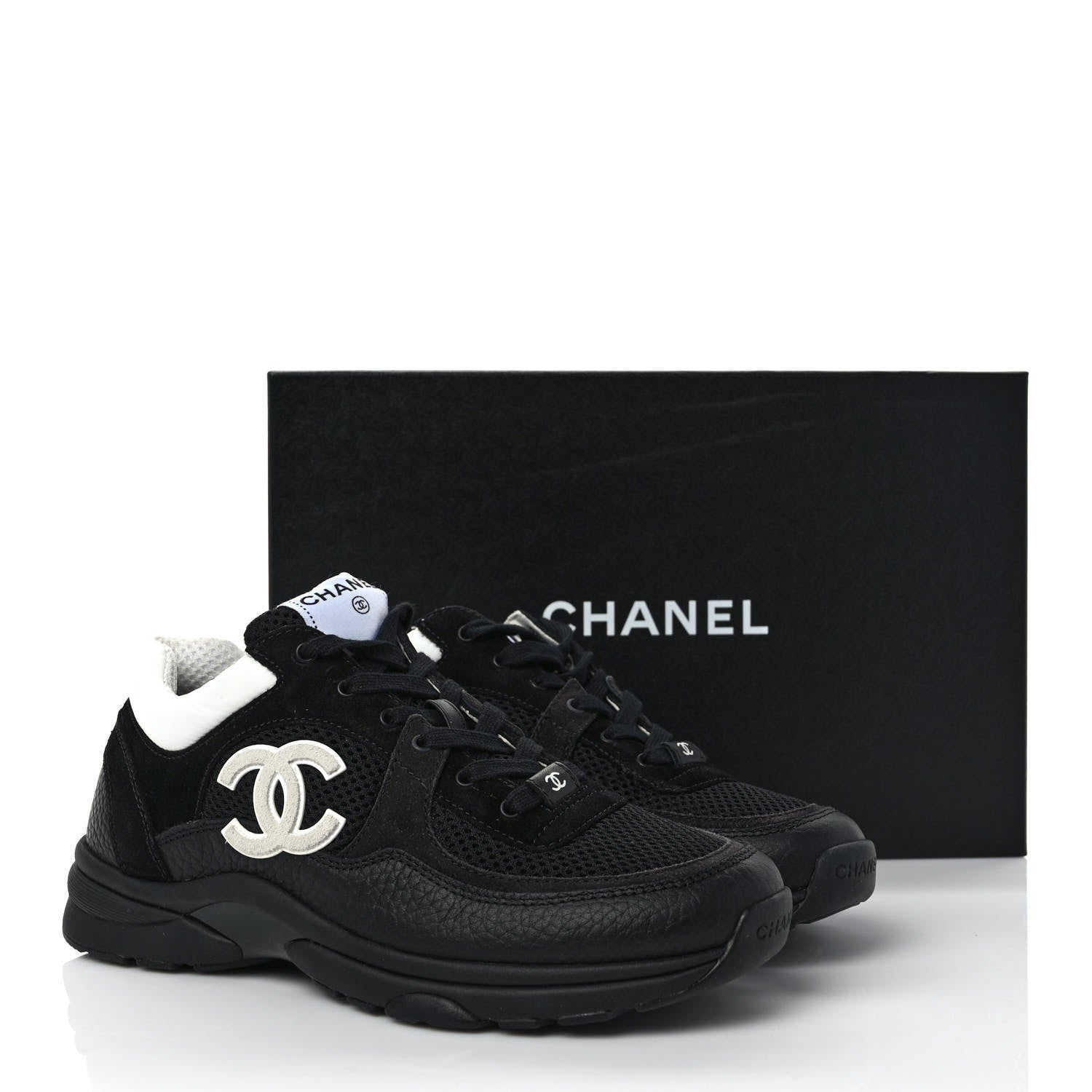 Chanel Mesh Suede Grained Calfskin Womens CC Sneakers 39 Black White 9 of 9
