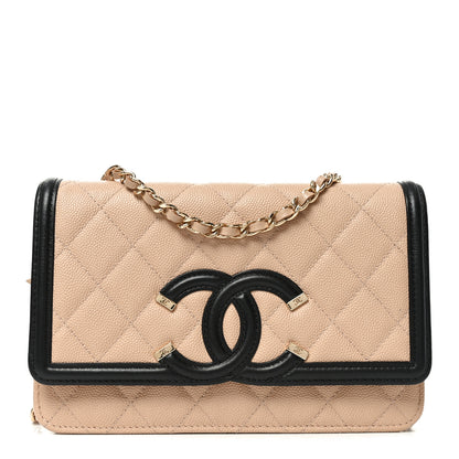 Chanel Caviar Quilted CC Filigree Wallet On Chain WOC Beige Black 1 of 11