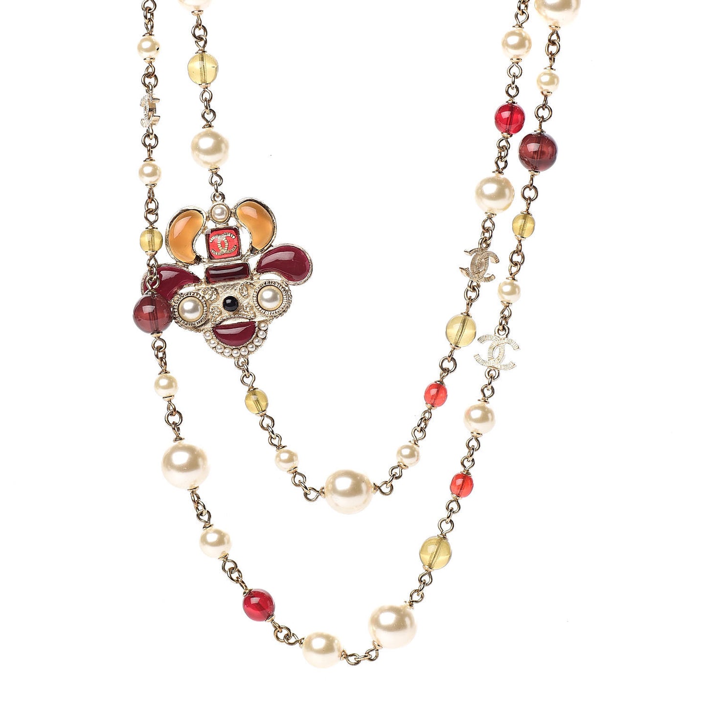 Pearl Beaded Enamel CC Bee Long Necklace Gold Burgundy