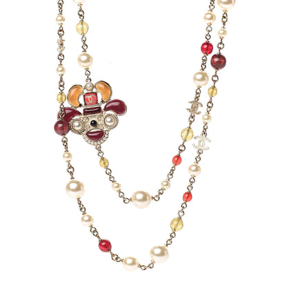 Chanel Pearl Beaded Enamel CC Bee Long Necklace Gold Burgundy 1 of 4