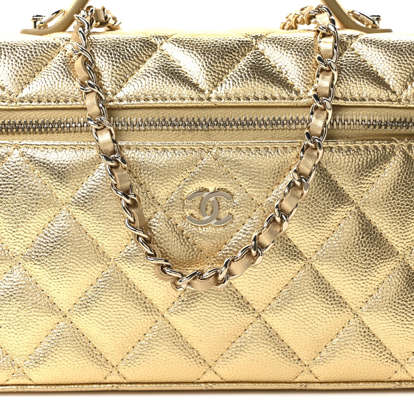 Metallic Caviar Quilted Top Handle Slim Vanity With Chain Gold