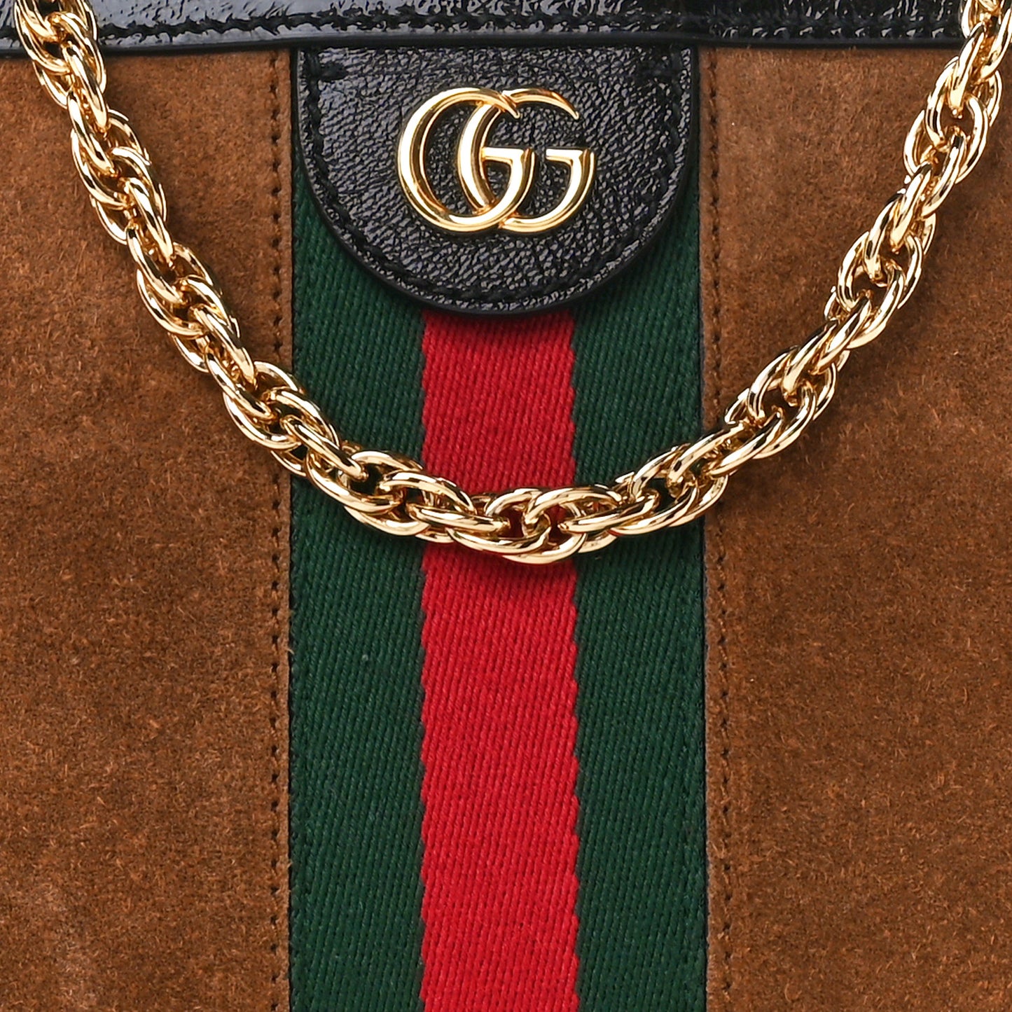 Suede Patent Web Small Ophidia Chain Shoulder Bag Nocciola Black