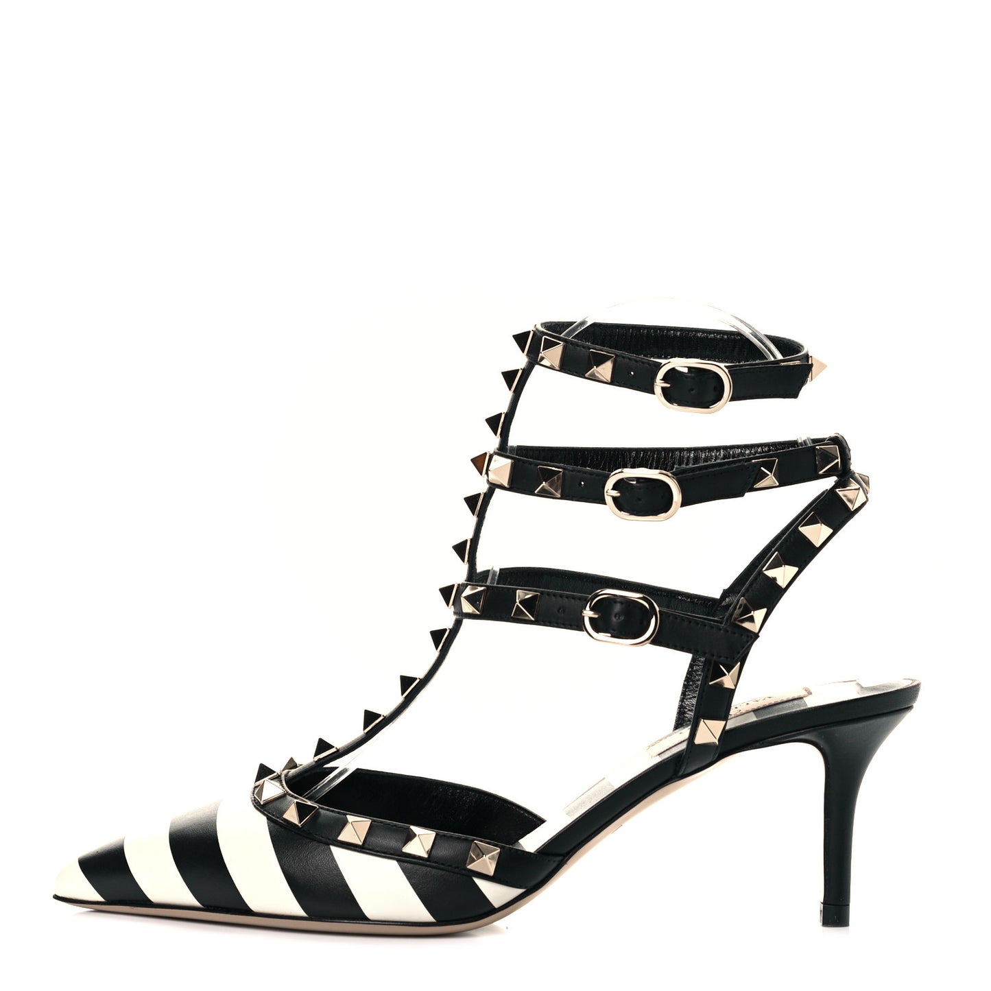 Calfskin Striped Rockstud Ankle Strap 65mm Pumps 37.5 Light Ivory Black