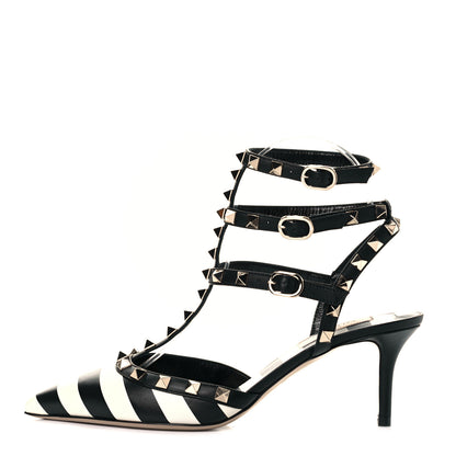 Valentino Garavani Calfskin Striped Rockstud Ankle Strap 65mm Pumps 37.5 Light Ivory Black 1 of 8