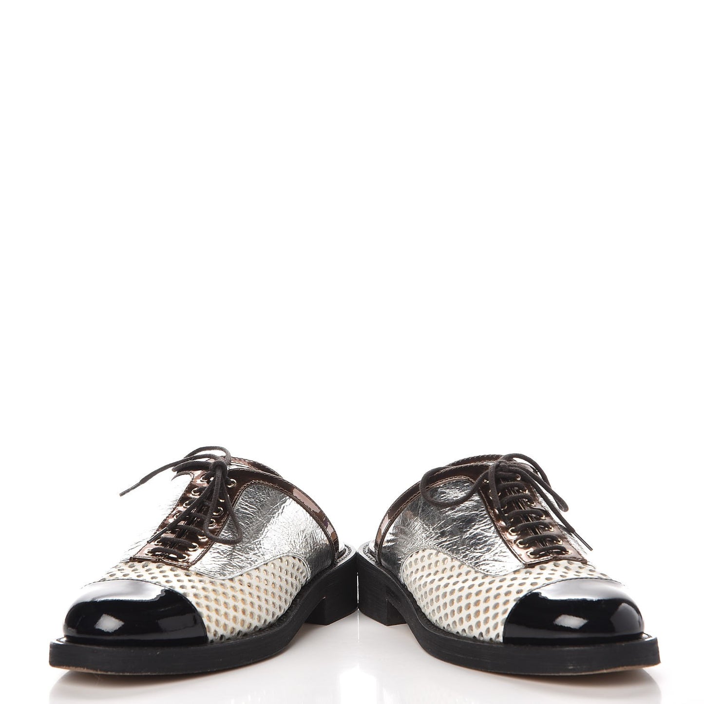 Lambskin Perforated Cap Toe Lace Up Mules 36 Silver Black