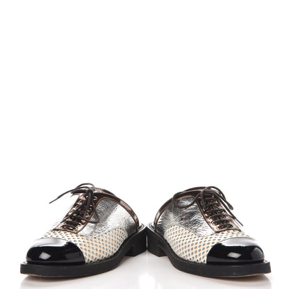 Chanel Lambskin Perforated Cap Toe Lace Up Mules 36 Silver Black 5 of 12