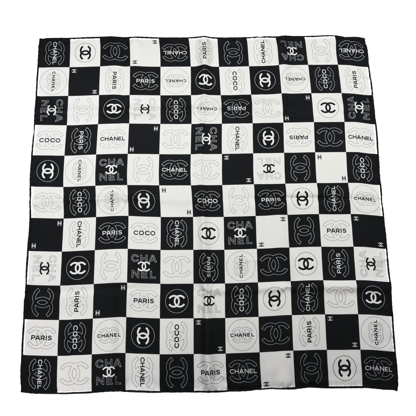 Silk CC Coco Checkered Square Scarf Black Ecru