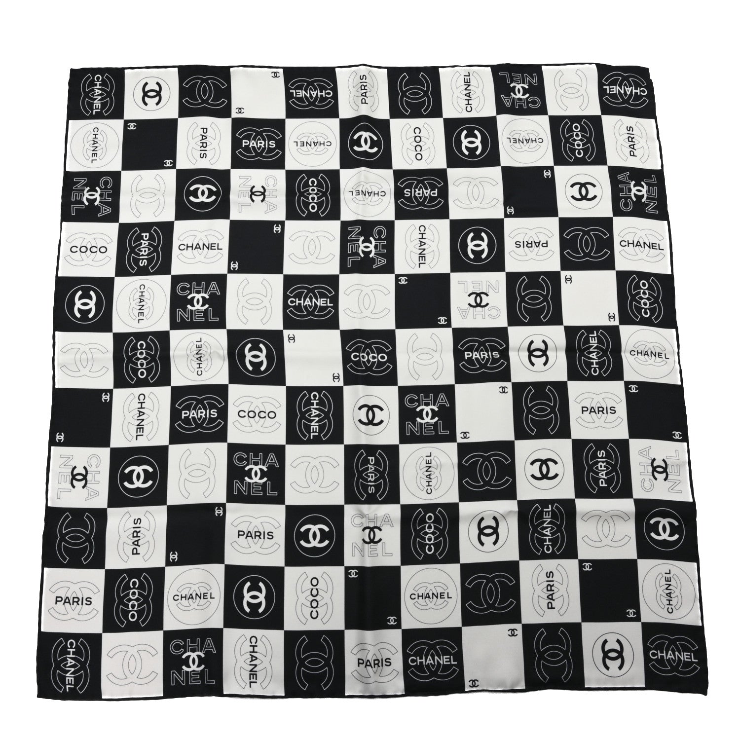 Chanel Silk CC Coco Checkered Square Scarf Black Ecru 1 of 3