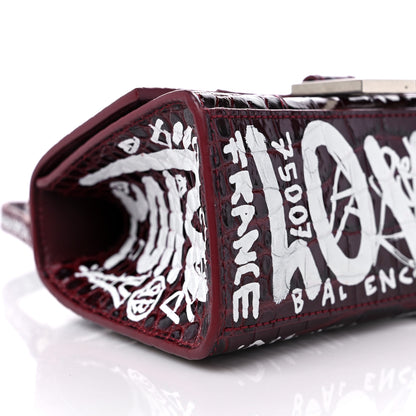 Balenciaga Calfskin Graffiti Crocodile Embossed Hourglass Top Handle Bag XS Dark Red White 7 of 10