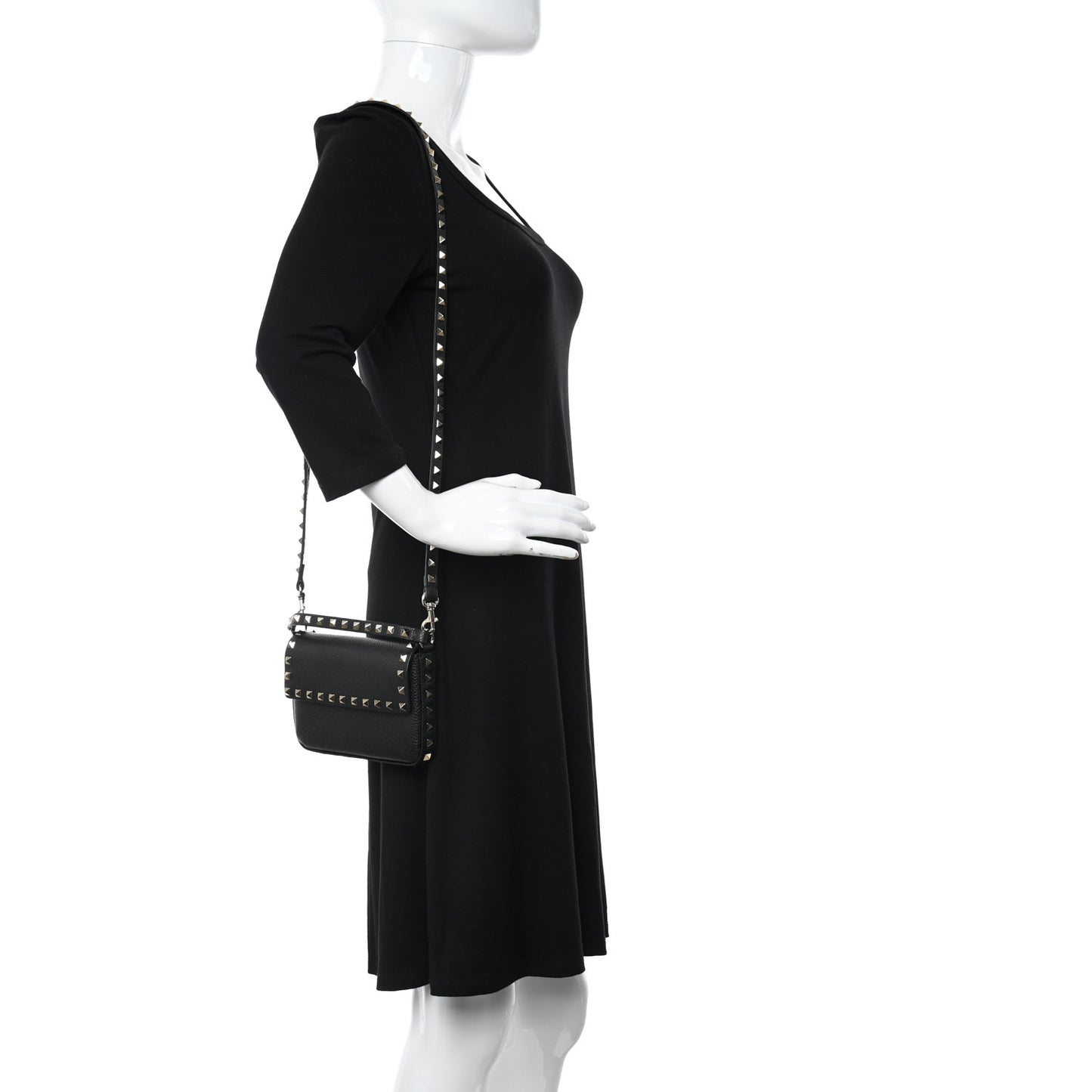 Grainy Calfskin Rockstud Crossbody Pouch Black