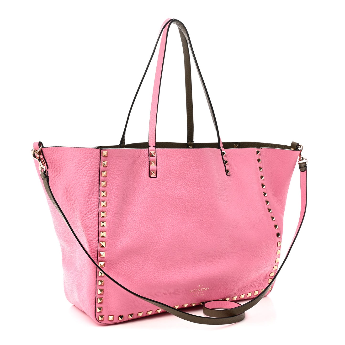 Grained Calfskin Medium Rockstud Reversible Tote Army Green Pink