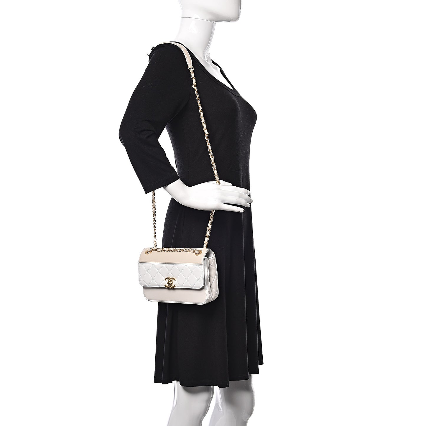 Lambskin Calfskin Quilted Shoulder Flap Bag Beige White