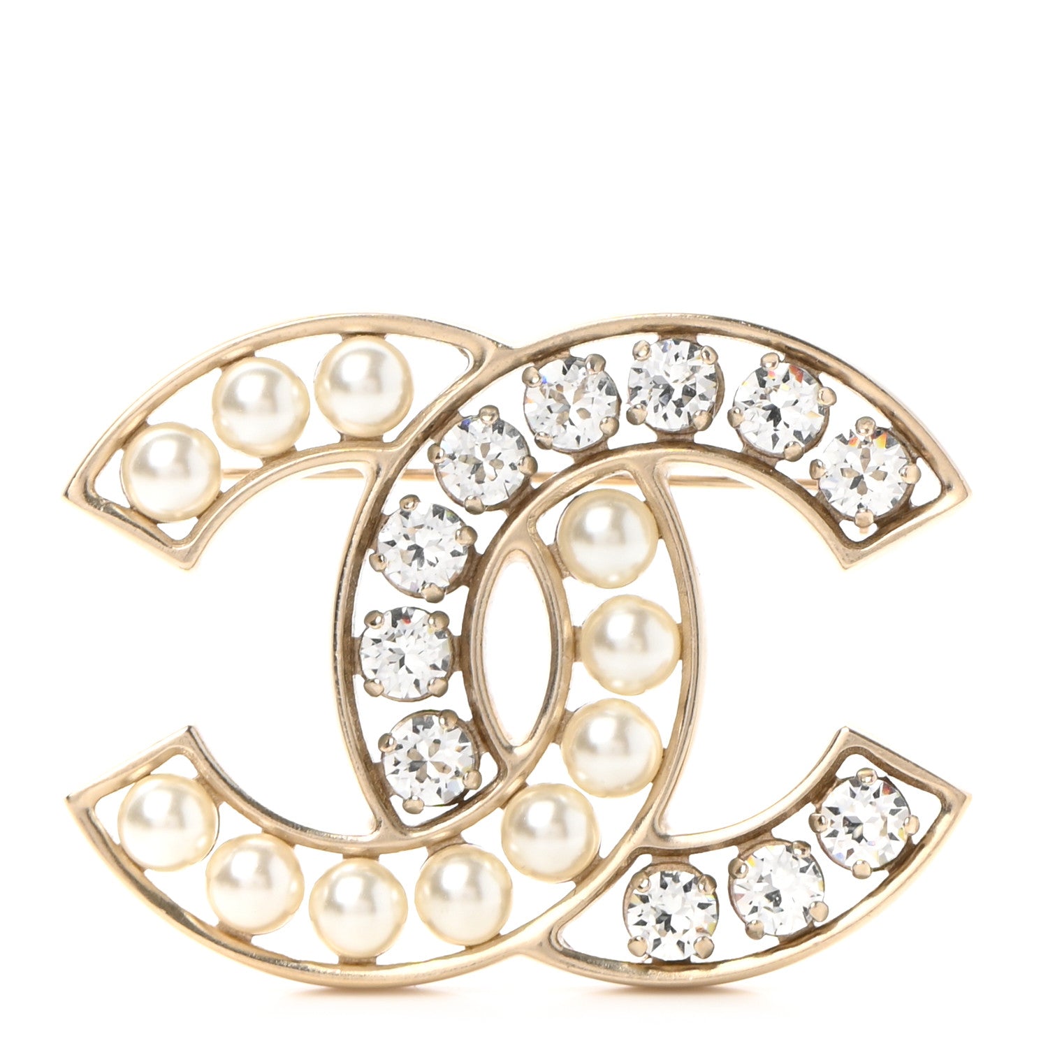 Chanel Pearl Crystal CC Brooch Gold Pearly White 1 of 4
