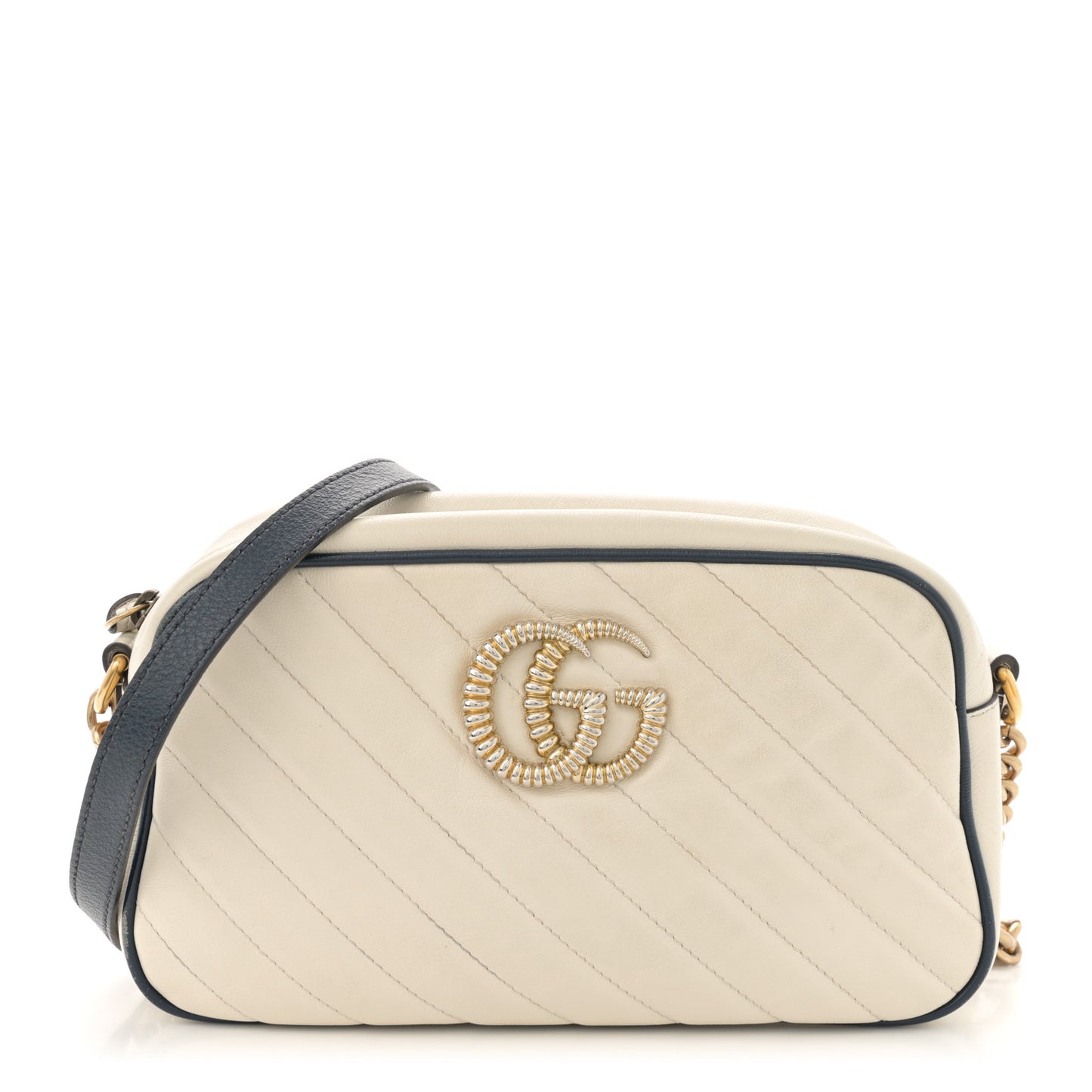 Vintage Effect Calfskin Matelasse Diagonal Small Torchon GG Marmont Chain Shoulder Bag Mystic White Blue Agata