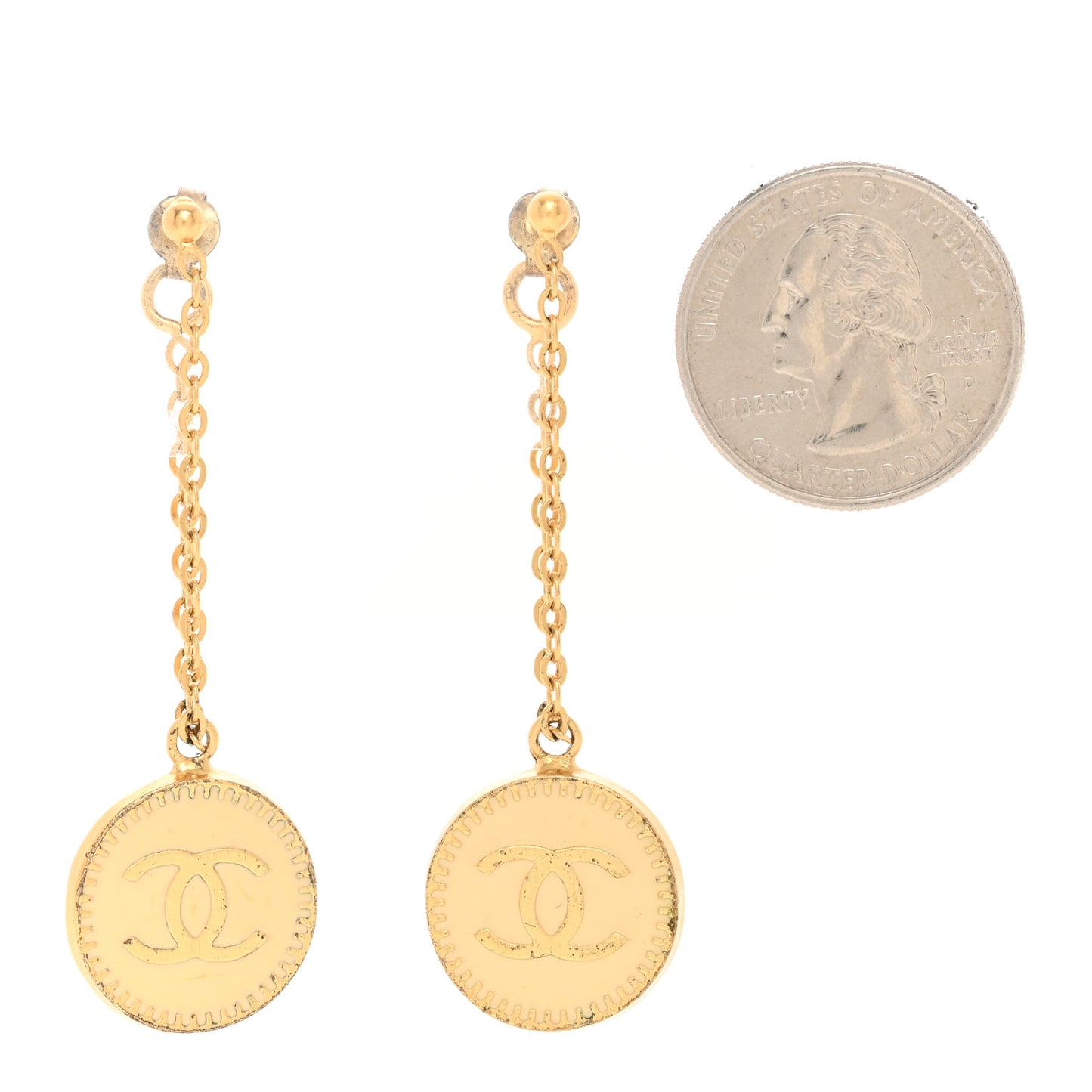 Enamel CC Round Drop Earrings Beige Gold
