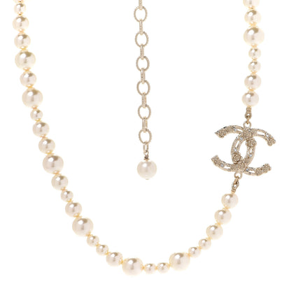 Chanel Pearl Crystal CC Camellia Short Necklace Gold 1 of 6