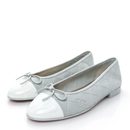 Chanel Lambskin Patent Double Stitched CC Cap Toe Ballerina Flats 38.5 Light Blue White 3 of 8