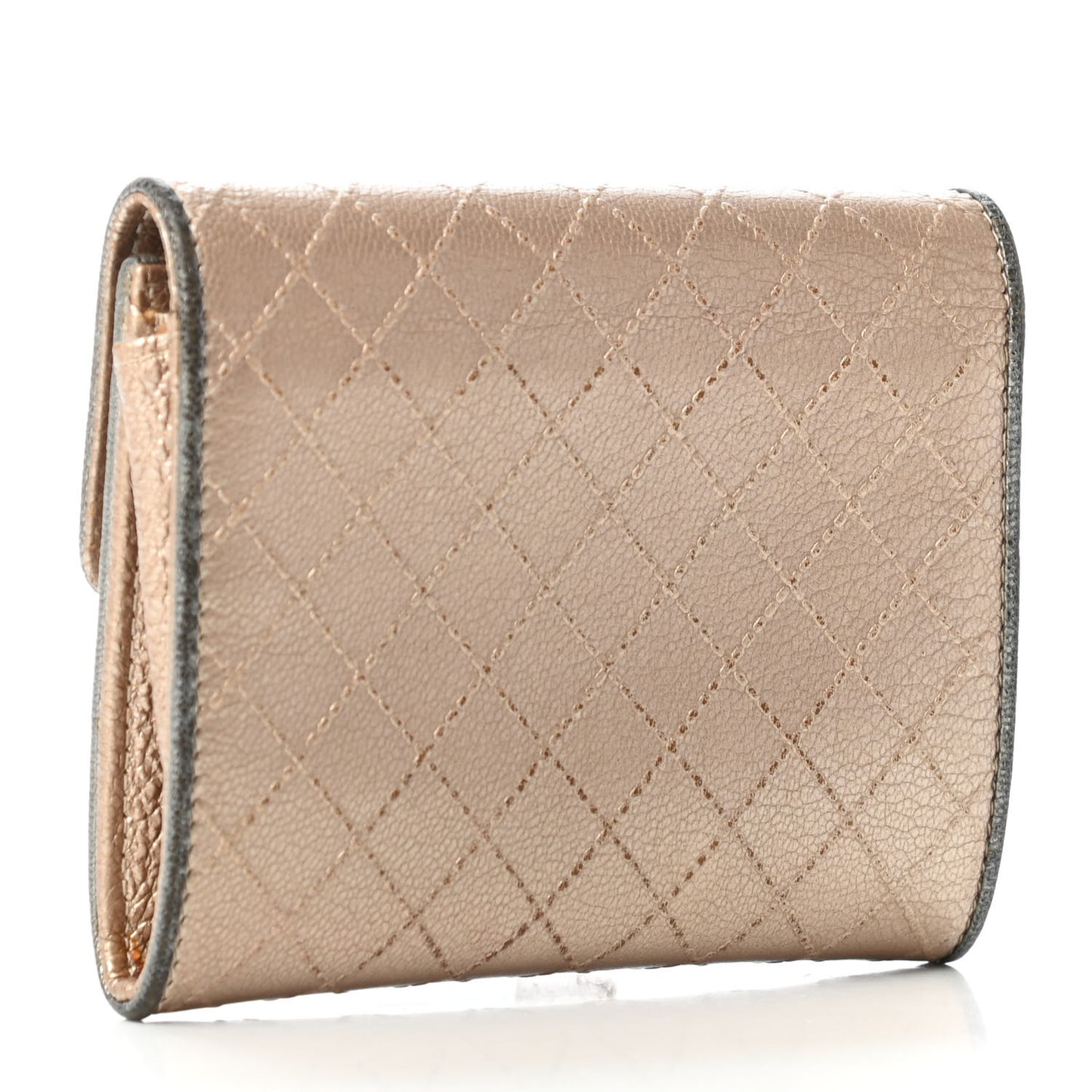 Metallic Calfskin Diamond Stitched Flap Card Holder Gold