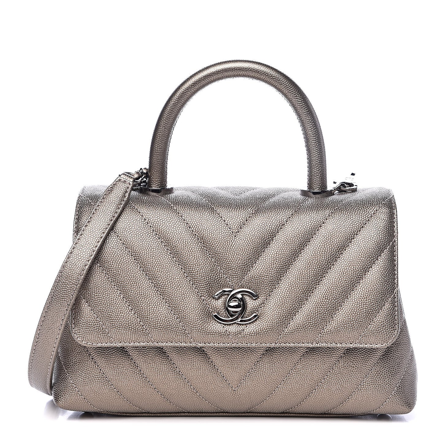 Metallic Caviar Chevron Quilted Mini Coco Handle Flap Light Gold