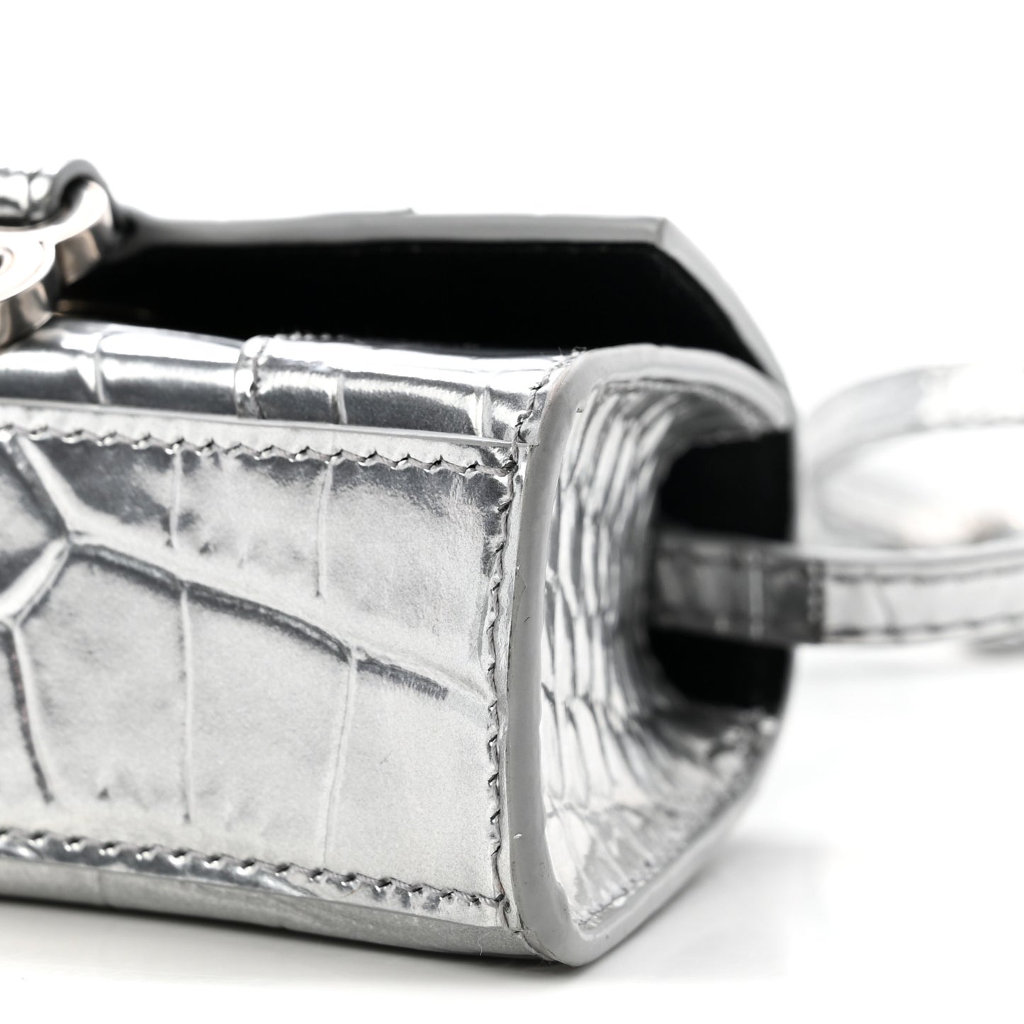 Metallic Calfskin Crocodile Embossed Hourglass Top Handle Bag Mini Silver