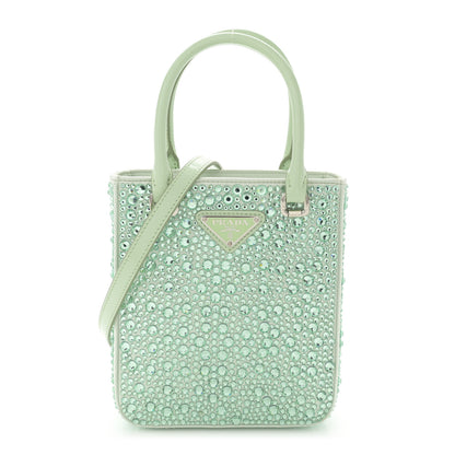 Prada Satin Crystal Metal Triangle Logo Small Double Handle Crossbody Tote Acqua 1 of 11