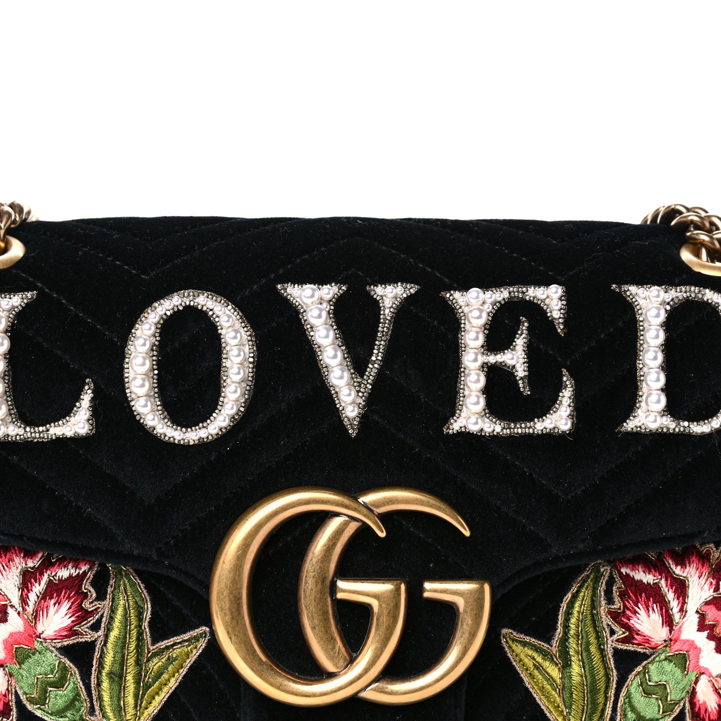 Velvet Matelasse Loved Embroidered Medium GG Marmont Shoulder Bag Black