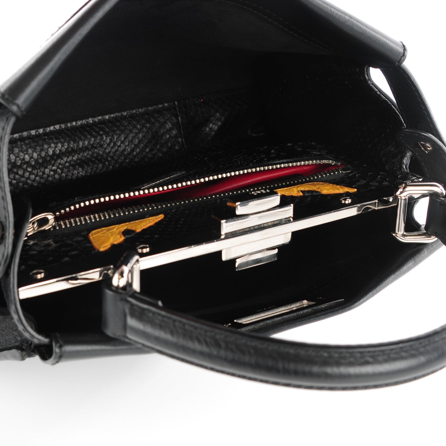 Fendi Vitello Seta Python Crocodile Monster Eyes Medium Peekaboo Iconic Satchel Black Girasole 6 of 8