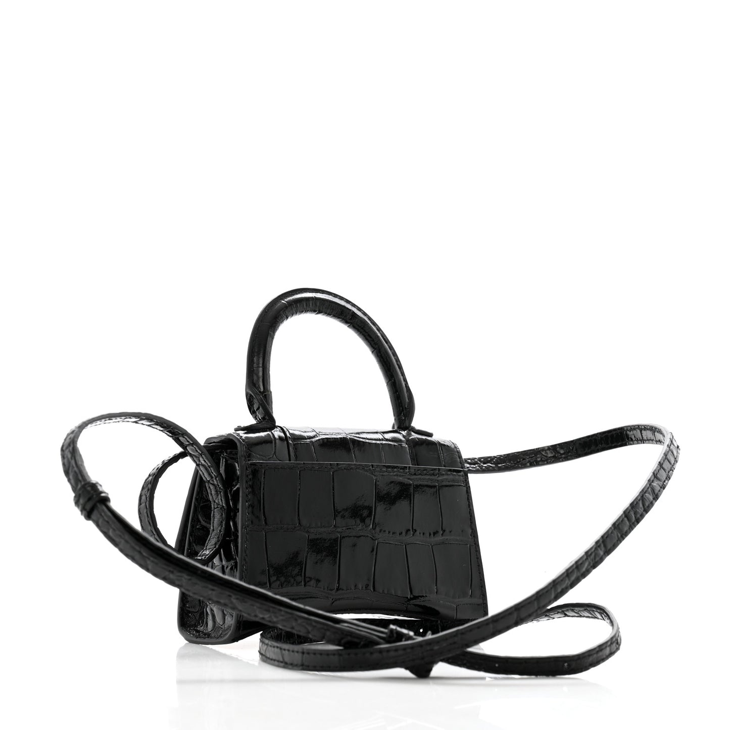 Shiny Calfskin Monochrome Crocodile Embossed Hourglass Top Handle Bag Mini Black