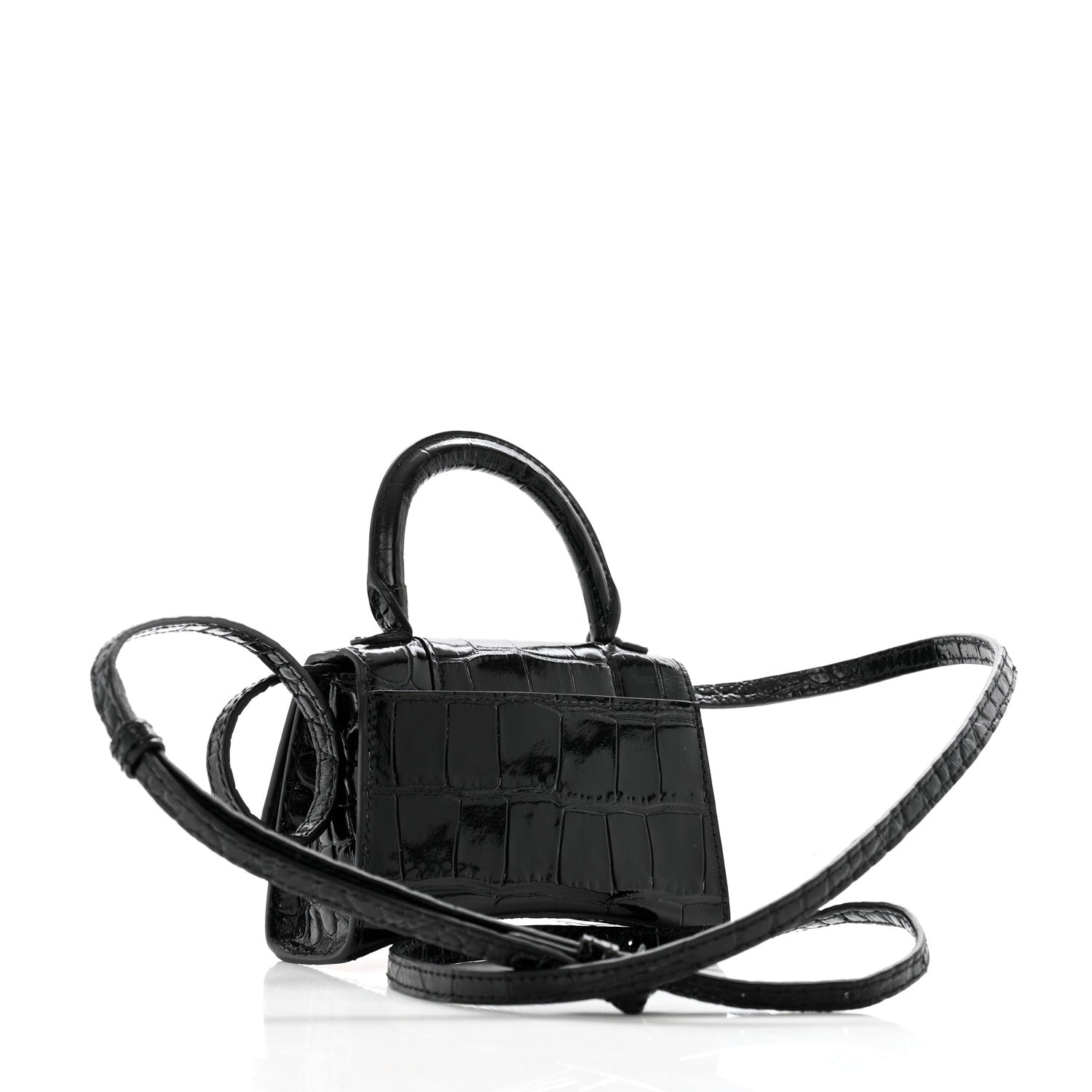 Balenciaga Shiny Calfskin Monochrome Crocodile Embossed Hourglass Top Handle Bag Mini Black 2 of 10