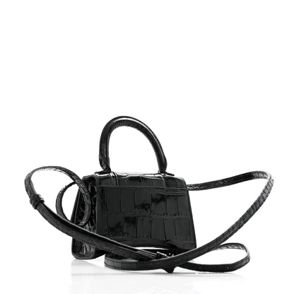 Balenciaga Shiny Calfskin Monochrome Crocodile Embossed Hourglass Top Handle Bag Mini Black 2 of 10