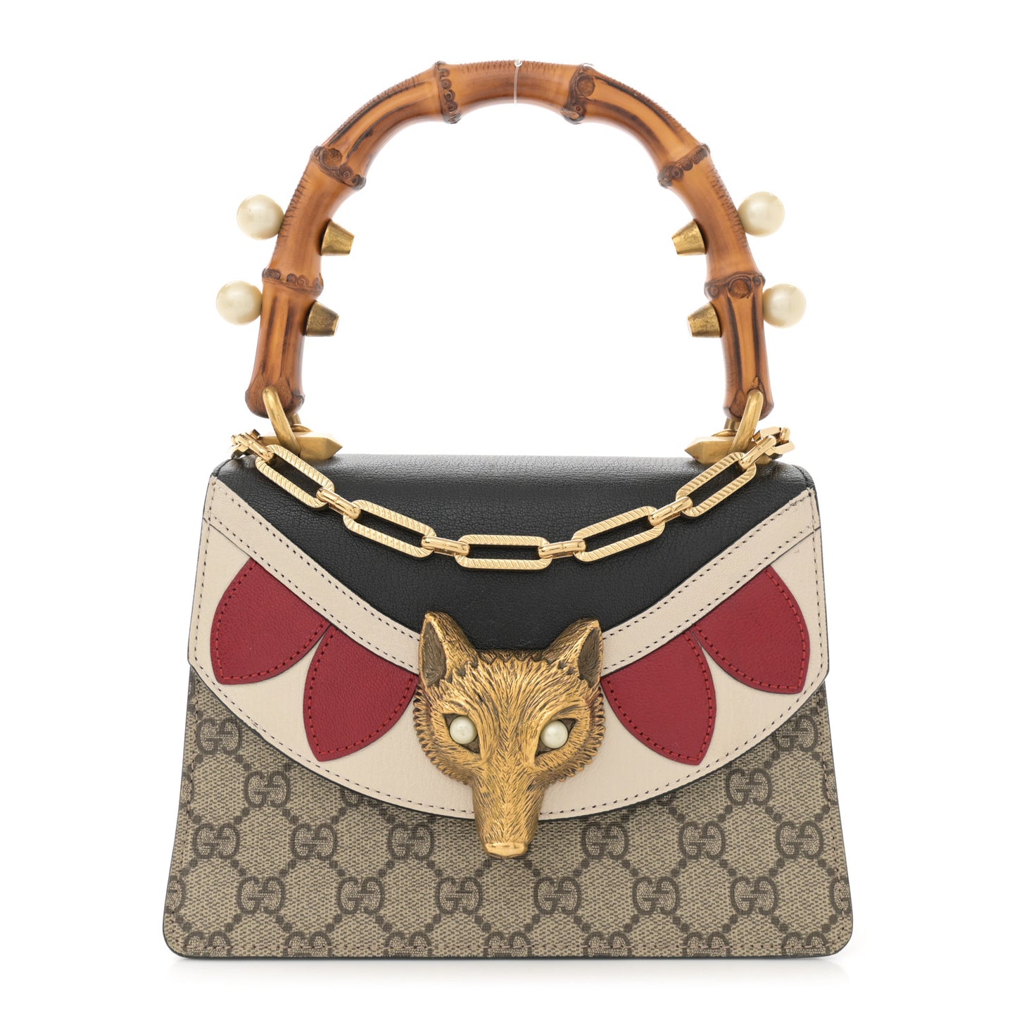GG Supreme Monogram Goatskin Pearl Mini Fox Broche Bamboo Top Handle Bag Beige Ebony Black Hibiscus Red Mystic White