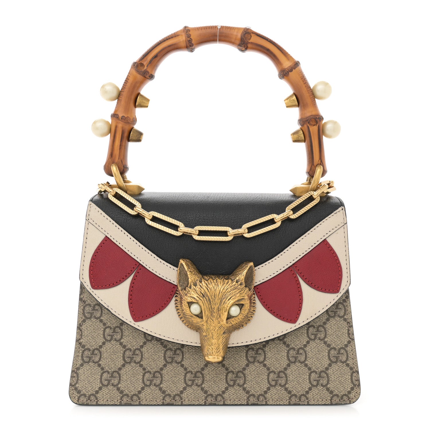 Gucci GG Supreme Monogram Goatskin Pearl Mini Fox Broche Bamboo Top Handle Bag Beige Ebony Black Hibiscus Red Mystic White 1 of 13