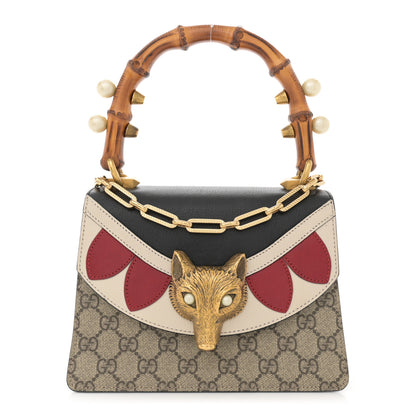 Gucci GG Supreme Monogram Goatskin Pearl Mini Fox Broche Bamboo Top Handle Bag Beige Ebony Black Hibiscus Red Mystic White 1 of 13