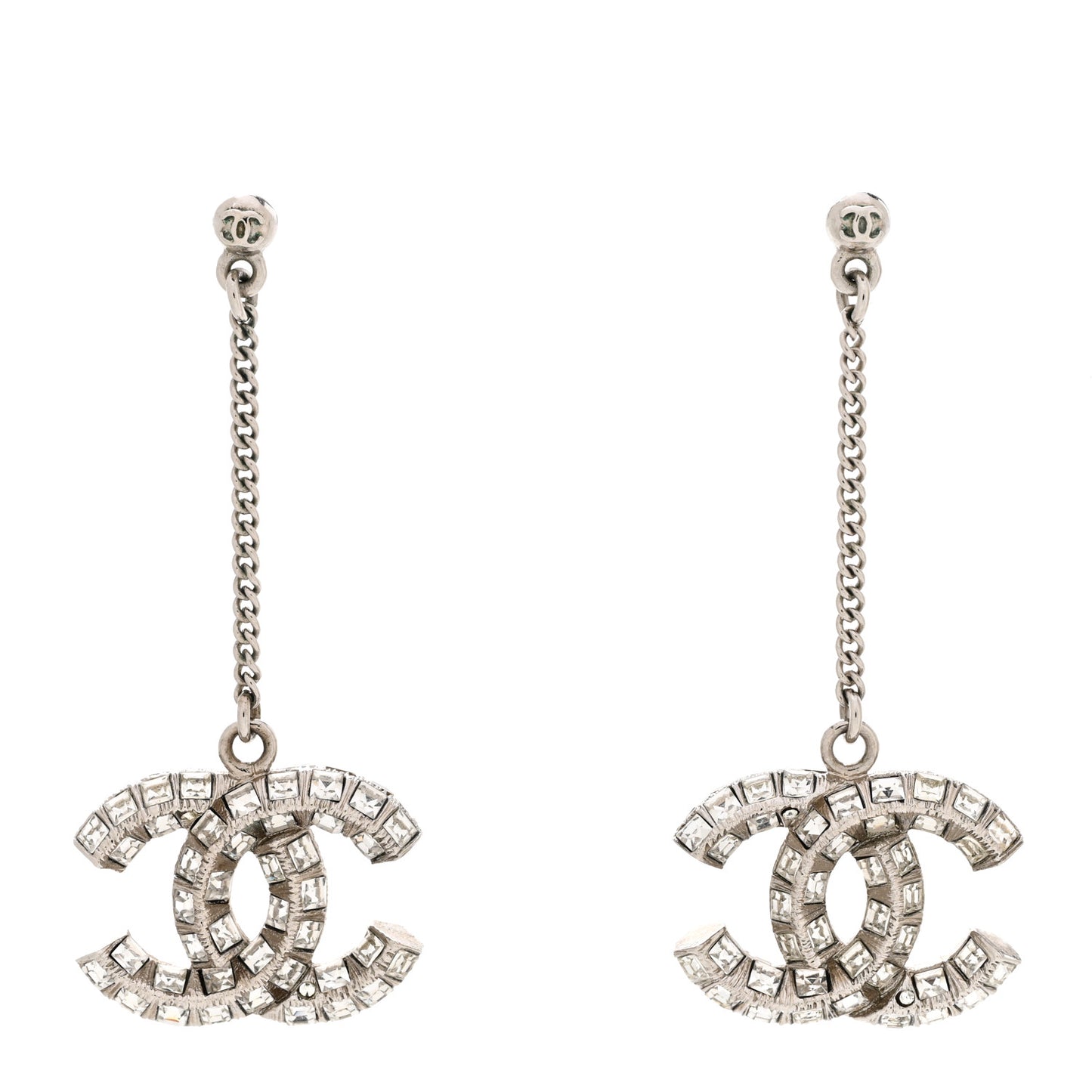 Baguette Crystal CC Drop Earrings Silver