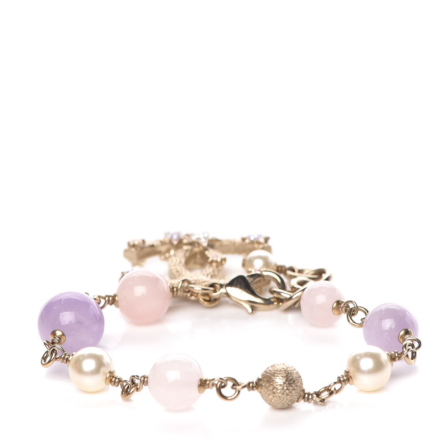 Chanel Pearl Beaded Crystal Star CC Bracelet Purple Gold 3 of 5