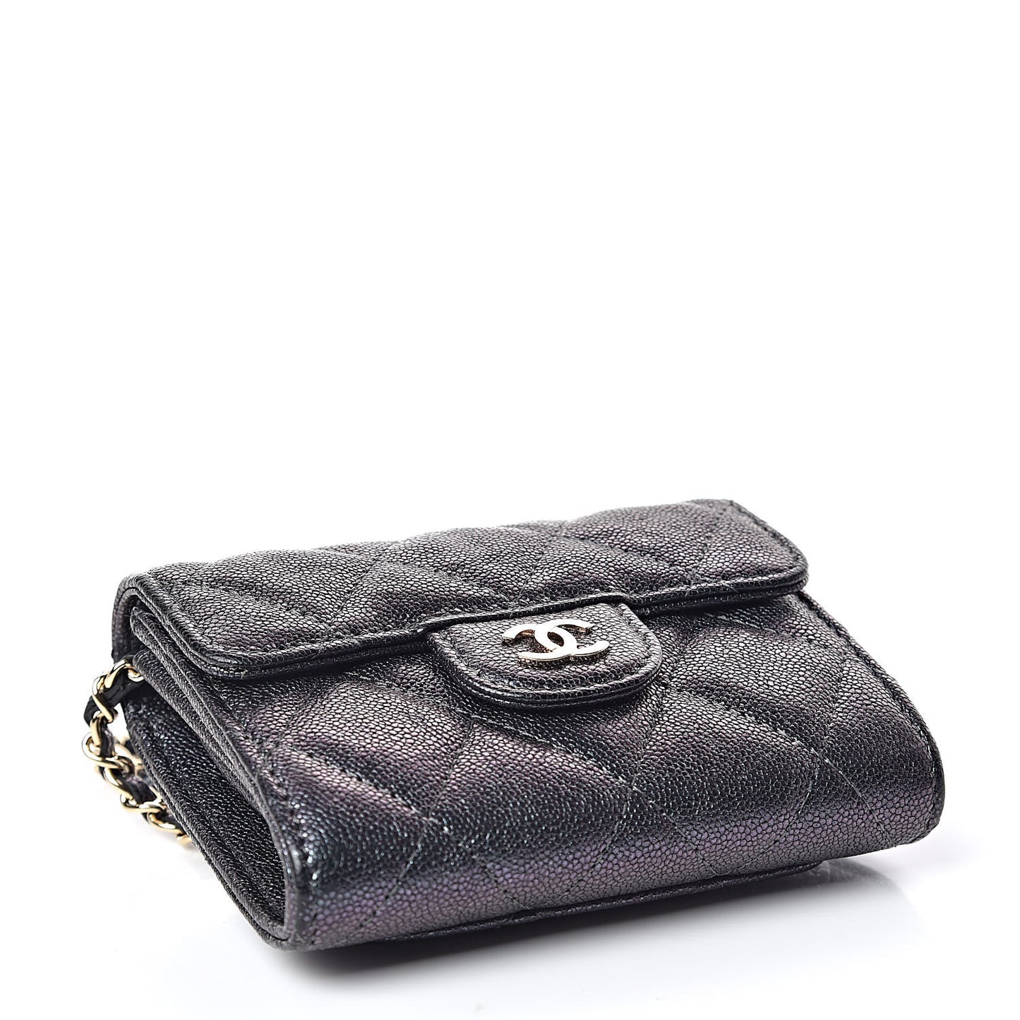 Iridescent Caviar Quilted Flap Card Holder On Chain Black