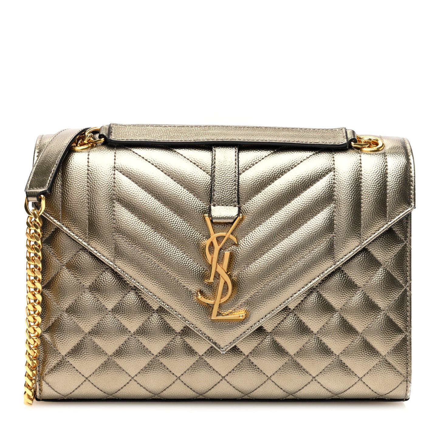 Metallic Grain De Poudre Textured Mixed Matelasse Triquilt Medium Monogram Satchel Piombo