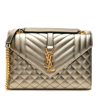Saint Laurent Metallic Grain De Poudre Textured Mixed Matelasse Triquilt Medium Monogram Satchel Piombo 1 of 9