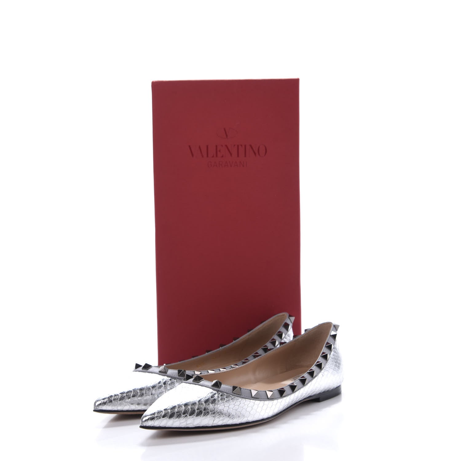 Valentino Garavani Metallic Elaphe Snakeskin Rockstud Ballerina Flats 37.5 Silver 8 of 8