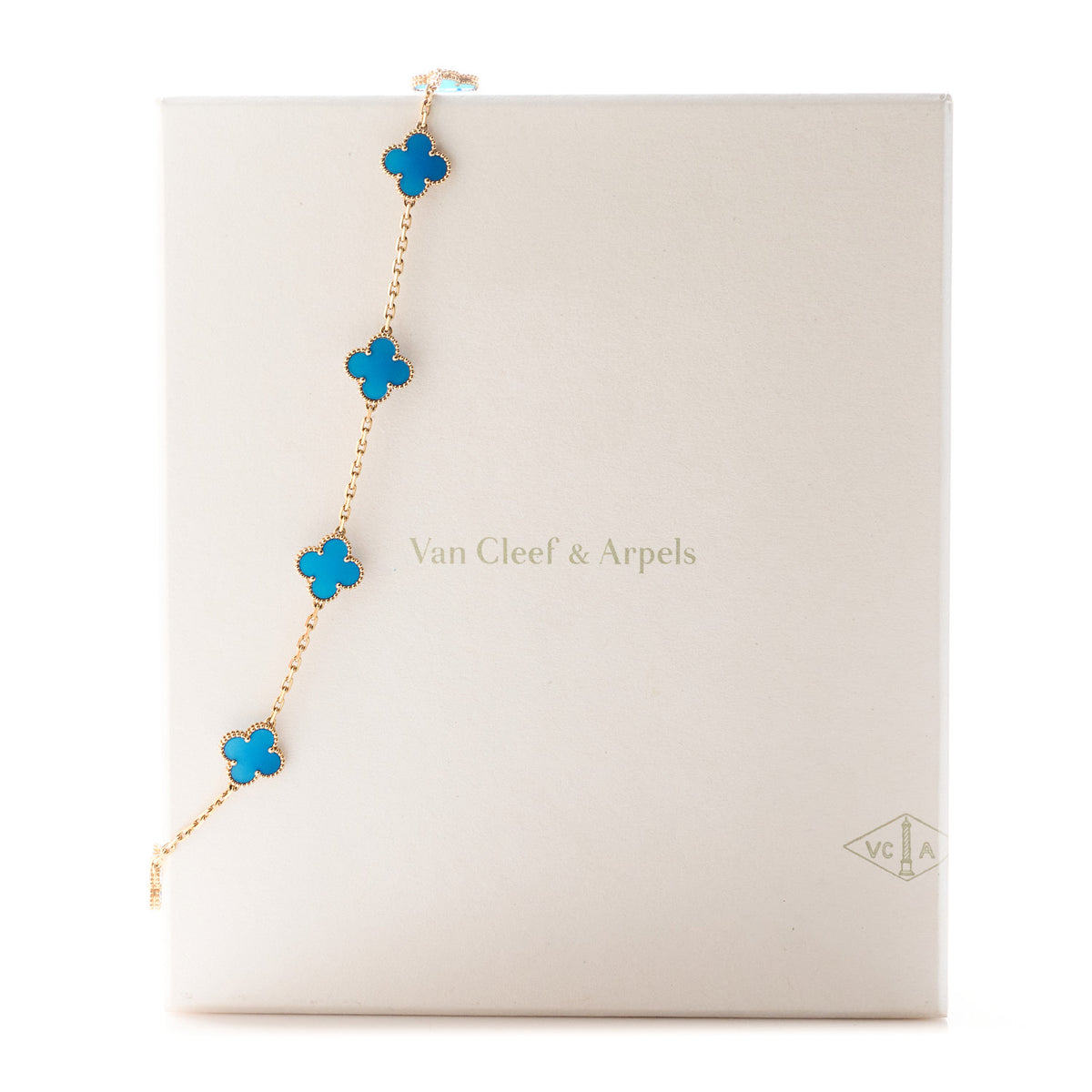 18K Yellow Gold Blue Agate 10 Motifs Vintage Alhambra Necklace