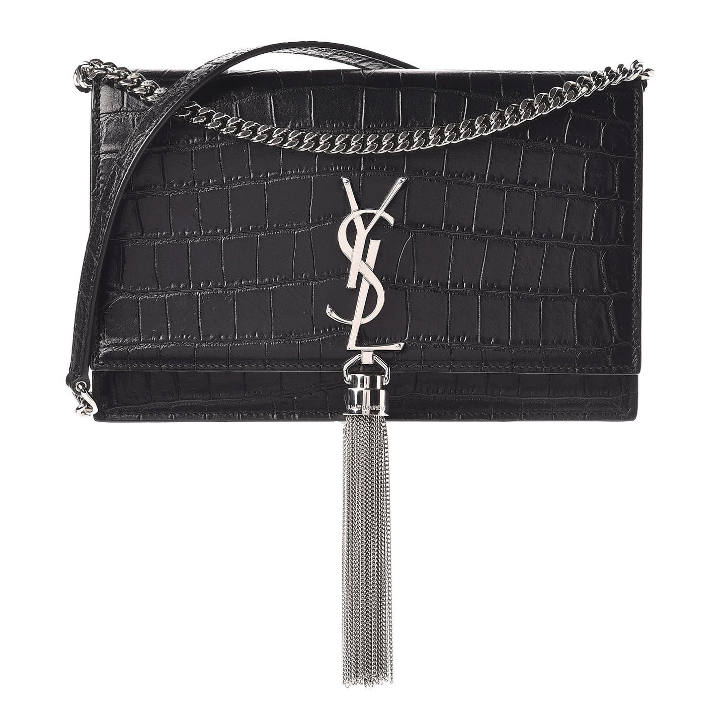 Calfskin Crocodile Embossed Kate Monogram Tassel Chain Wallet Black