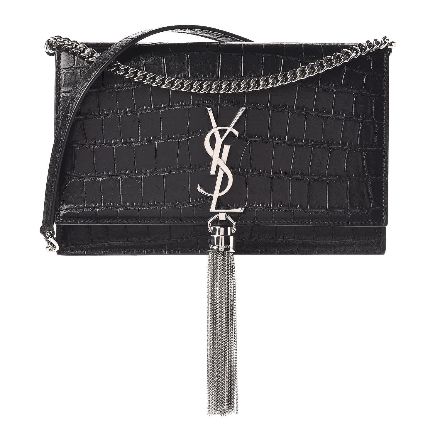 Saint Laurent Calfskin Crocodile Embossed Kate Monogram Tassel Chain Wallet Black 1 of 12