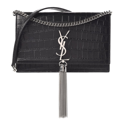 Saint Laurent Calfskin Crocodile Embossed Kate Monogram Tassel Chain Wallet Black 1 of 12