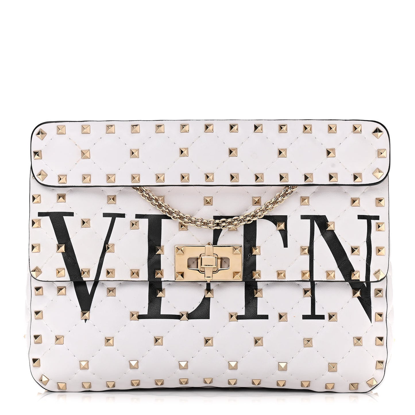 Lambskin VLTN Print Medium Rockstud Spike Shoulder Bag Optic White Black